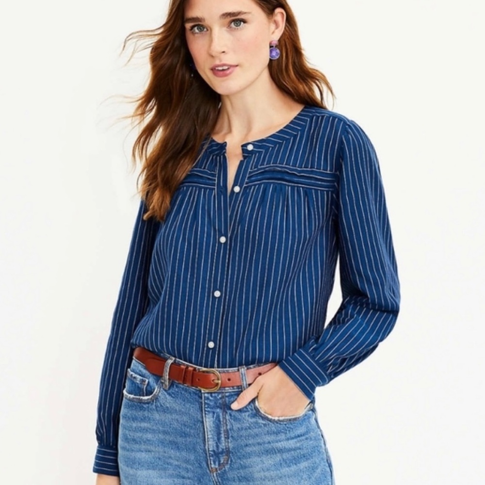 LOFT Ann Taylor Blue Striped Button Front Blouse